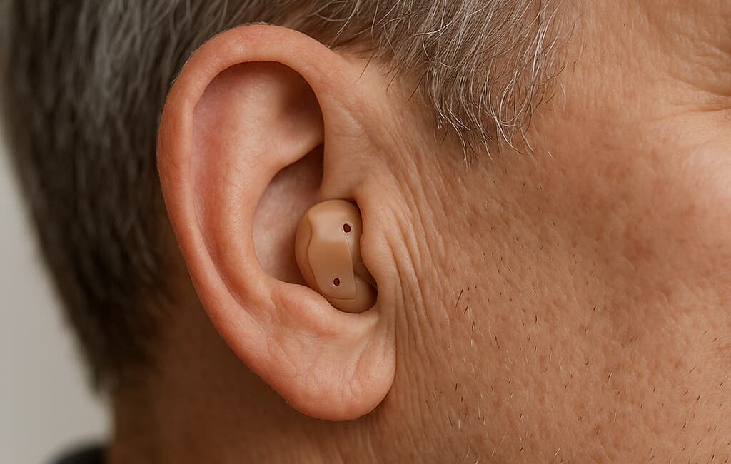 In-Ear-Hörgerät im Ohr eines Mannes