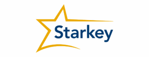 Starkey Logo mit dunkelblauem Schriftzug und gelbem Stern